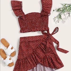 NWOT two piece set SHEIN heart smocked top wrap skirt set